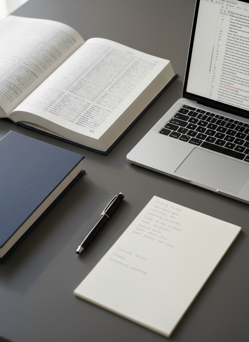 A close-up of an elegant bilingual translation workspace where a thick Japanese dictionary with fabric-textured dark-blue cover lies open next to a minimalist silver laptop showing a clean text editor filled with English prose. Between them rests a fine-tipped black pen and a narrow notepad filled with carefully written furigana and translation notes. The surface is a matte charcoal-gray desk, uncluttered and modern. Soft, diffused afternoon light from the left creates a gentle gradient across the desk, highlighting the paper fibers and subtle gloss on the laptop trackpad. Photographic realism, shot at eye level with a shallow depth of field so that the center of the image—where Japanese characters transition into English sentences—remains crisp, conveying a focused, professional, and methodical atmosphere.
